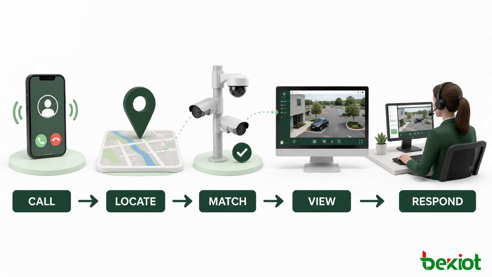 Workflow, der zeigt, wie ein eingehender Anruf geortet, mit nahe gelegenen Kameras abgeglichen, in einen Browser-Videostream konvertiert und einem Agenten angezeigt wird