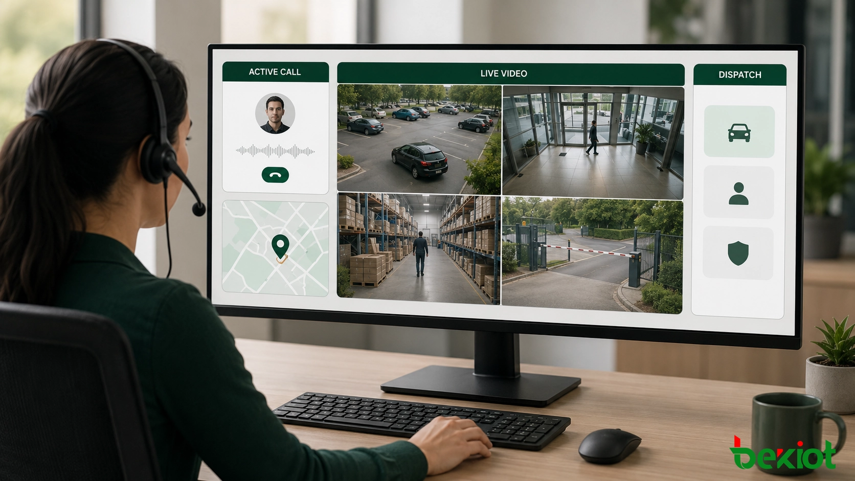 Callcenter-Agentenarbeitsbereich mit Anrufinformationen, einer Live-Ansicht mit vier Kameras, Standortdetails und Steuerelementen zur Vorfallbearbeitung