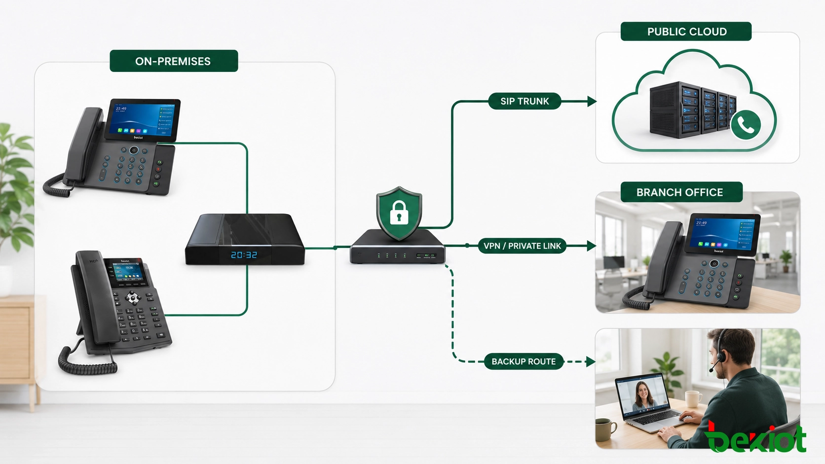 Hybride Cloud-Kommunikationsarchitektur, die SIP-Telefone, ein lokales Anrufsteuerungssystem, sichere Netzwerkverbindungen und öffentliche Cloud-Dienste verbindet