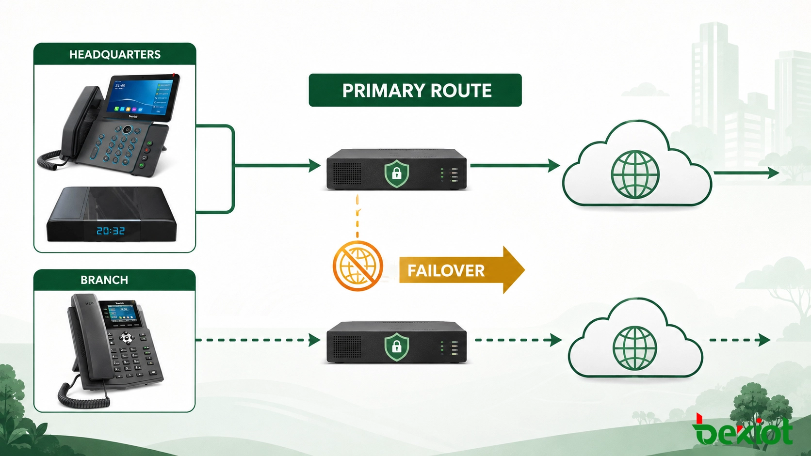 SIP-Anrufrouting- und Failover-Workflow zwischen Bürotelefonen, einer lokalen PBX, einer sicheren Edge- und Cloud-Kommunikationsdiensten