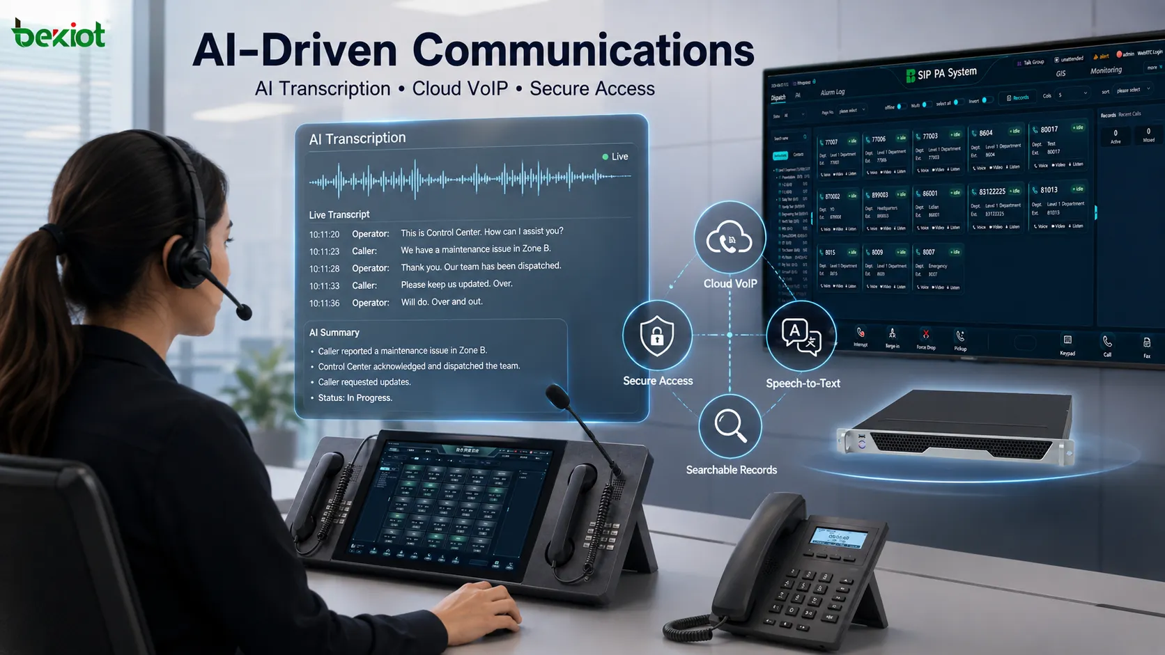 Sichere Cloud-VoIP-Plattform zur Verbindung von Remote-Nutzern, Mehrkanal-Bedienplätzen und Unternehmenskommunikationssystemen über SIP, VPN-Zugriff und KI-Transkription