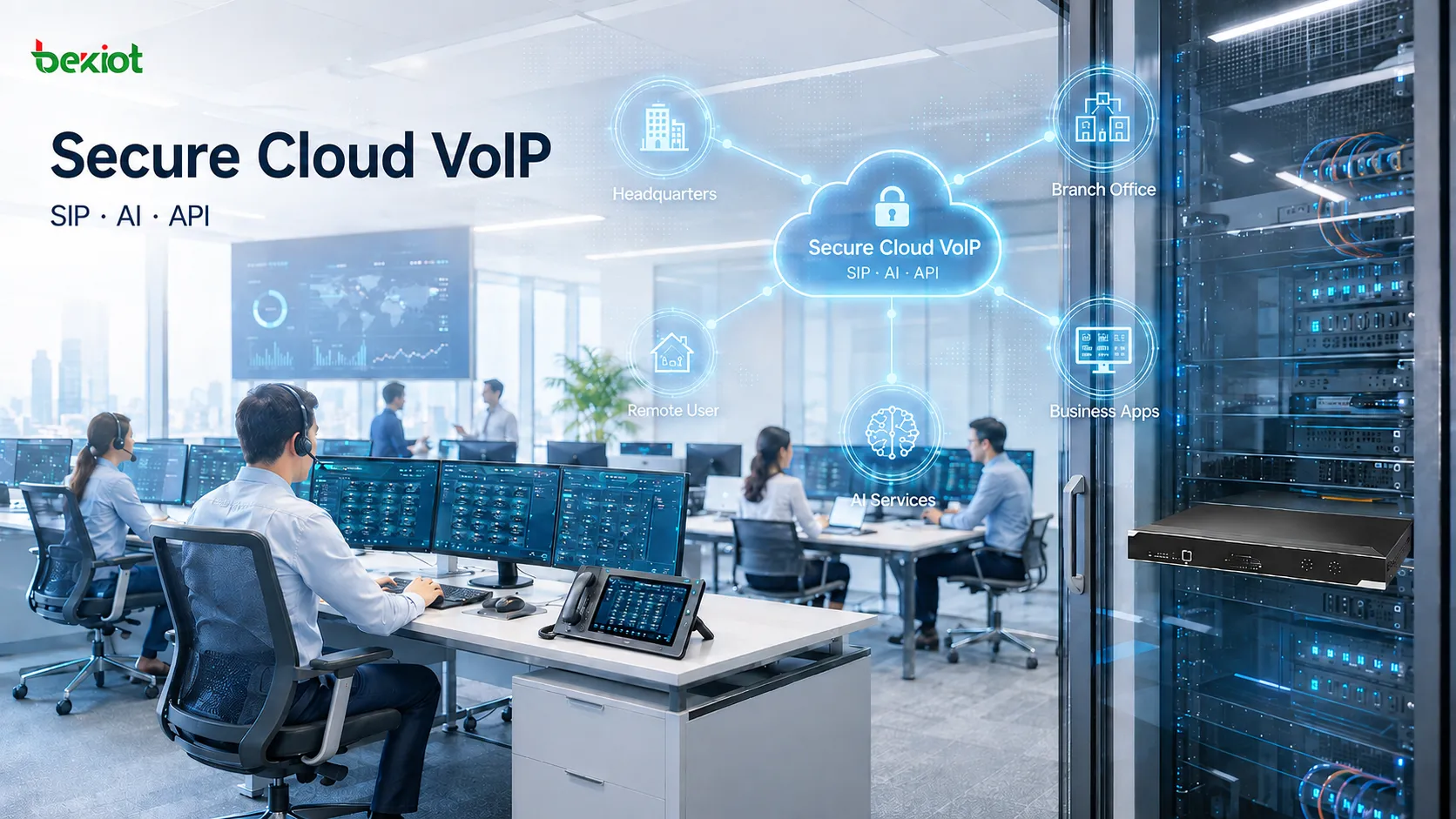 VoIP-Kollaborationsarchitektur für Unternehmen mit SIP-Mehrkanal-Kommunikation, Soft-Turret-Arbeitsplätzen, KI-Transkription, Geschäftsanwendungen und sicheren Cloud-Diensten in einem gemeinsamen Workflow