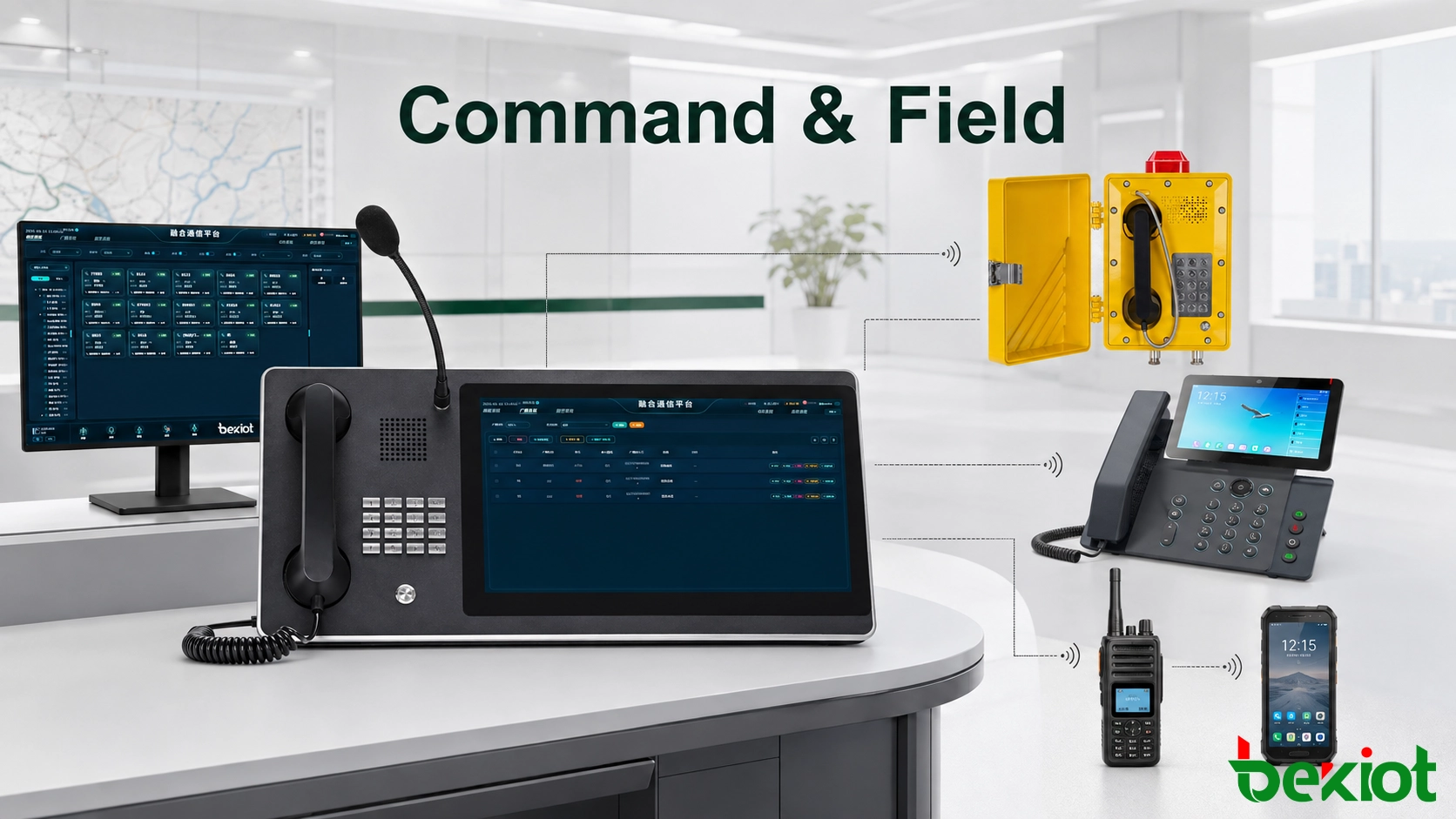 Dispatcher verwendet eine Kommandokonsole zur Kommunikation mit Funknutzern, mobilem Personal und festen IP-Endgeräten