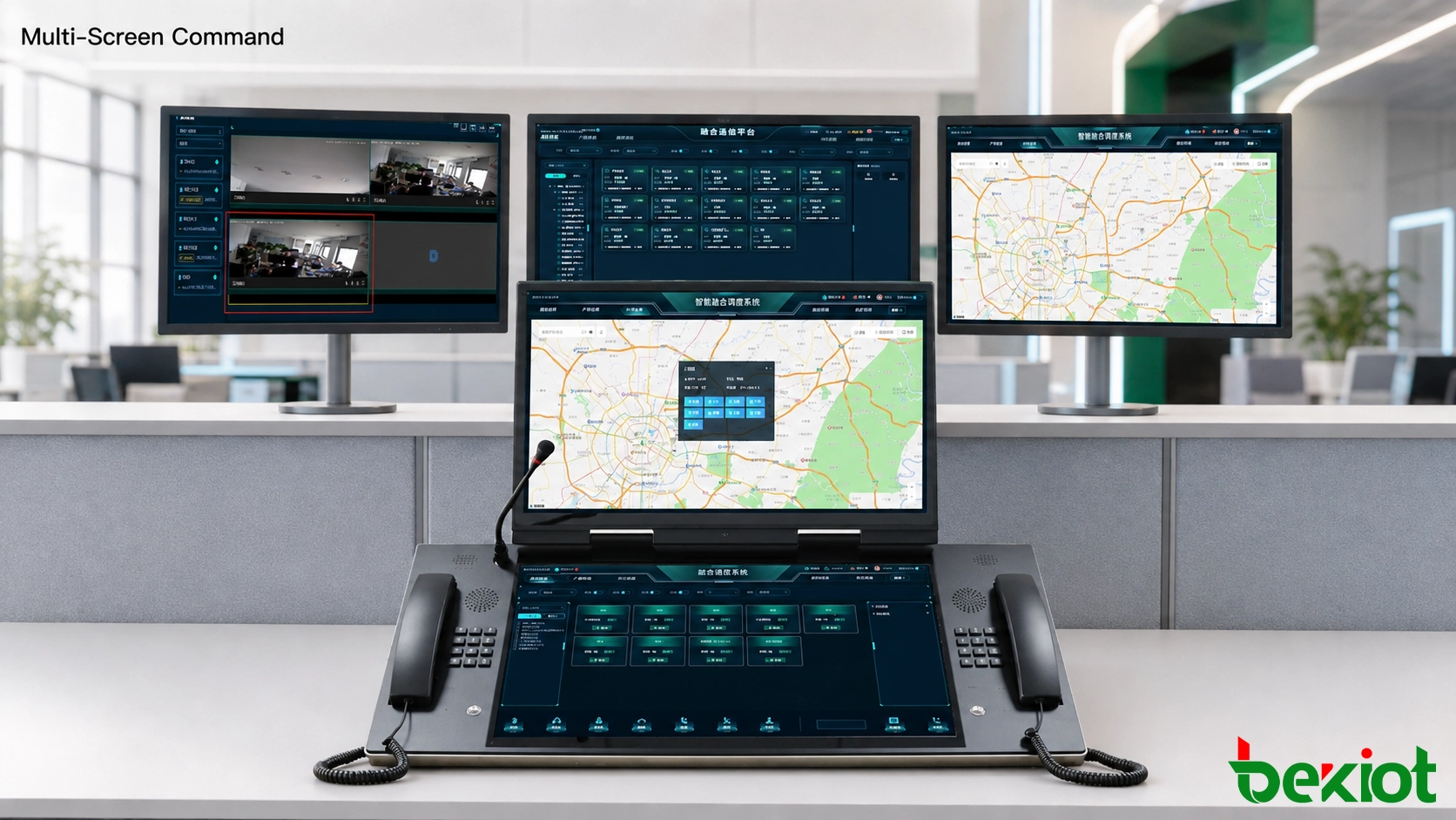 Mehrbildschirm-Kommandoarbeitsplatz der dritten Generation mit Kommunikationsressourcen, GIS-Karten, Videoüberwachung und Alarminformationen