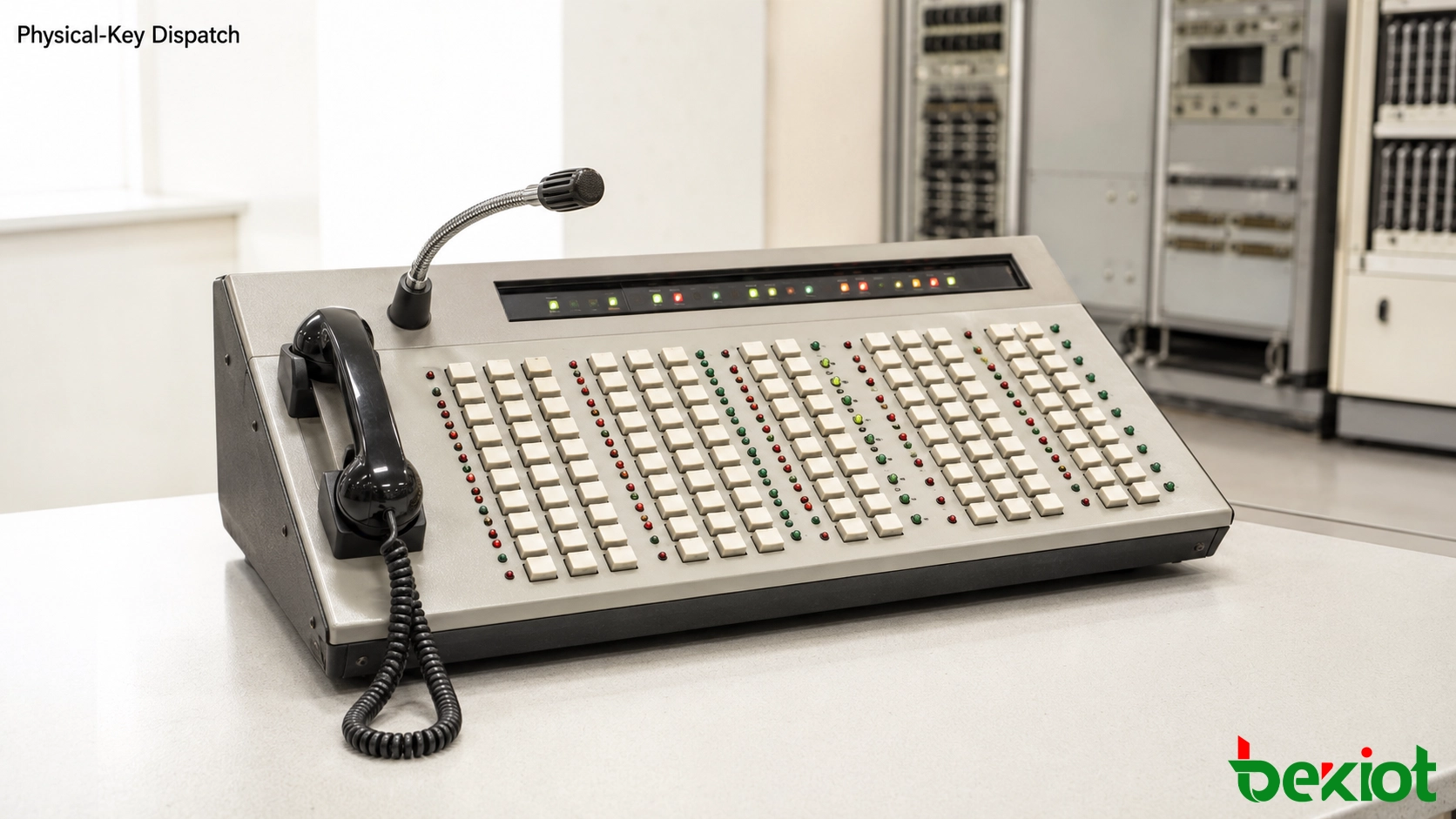 Einsatzleitkonsole der ersten Generation mit Dutzenden programmierbarer physischer Tasten für Telefonanschlüsse und Anrufsteuerung