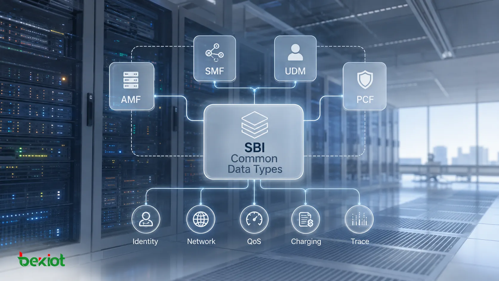 Gemeinsame Datentypen der 5G-Core-SBI, die AMF, SMF, UDM und PCF für Kennungen, Netzinformationen, QoS, Abrechnung und Trace-Parameter gemeinsam nutzen