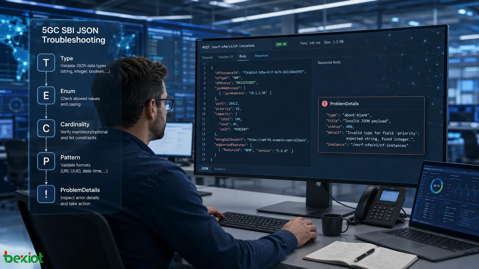 5GC-Ingenieur bei der Fehlersuche in SBI-JSON-Nachrichten durch Prüfung von API-Ressourcen, Feldtypen, Enumerationswerten, Cardinality, Formatbeschränkungen und ProblemDetails
