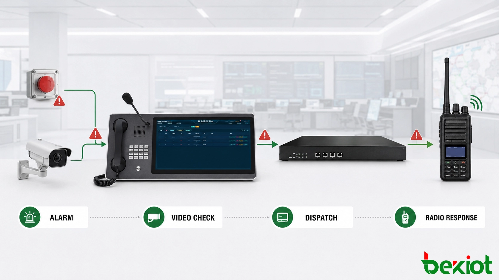 Alarm- und Videoüberwachungs-Workflow integriert mit Funkkommunikation über ein RoIP-Gateway