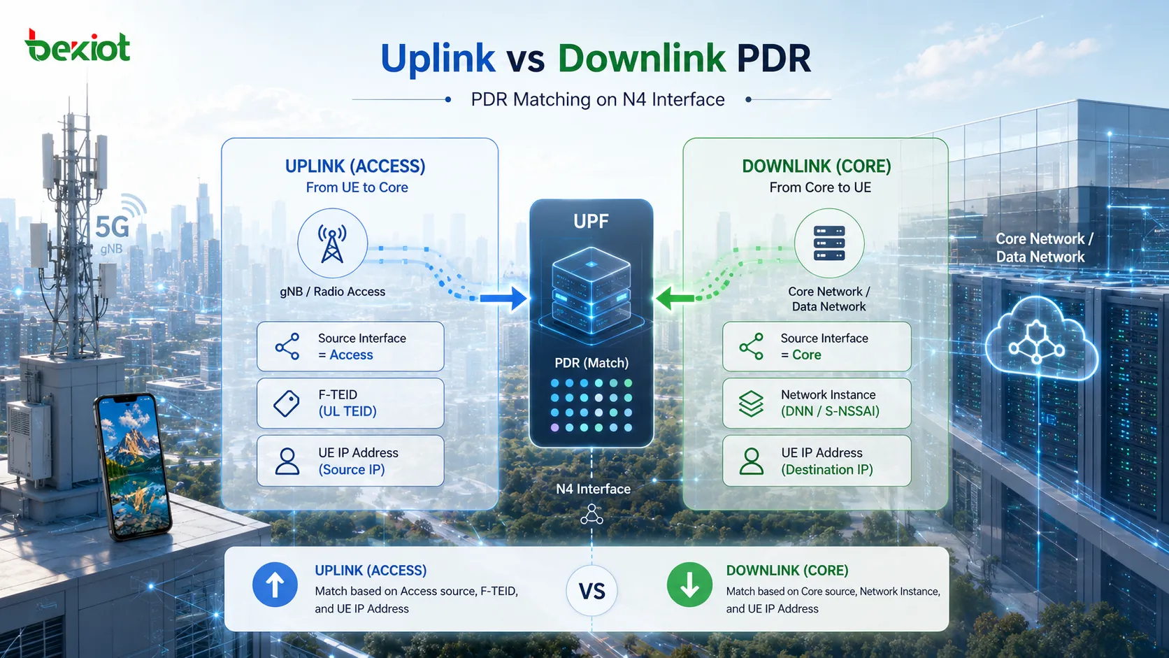 Uplink-Access-PDR und Downlink-Core-PDR mit Abgleich anhand von F-TEID, Network Instance und UE IP Address an der N4-Schnittstelle