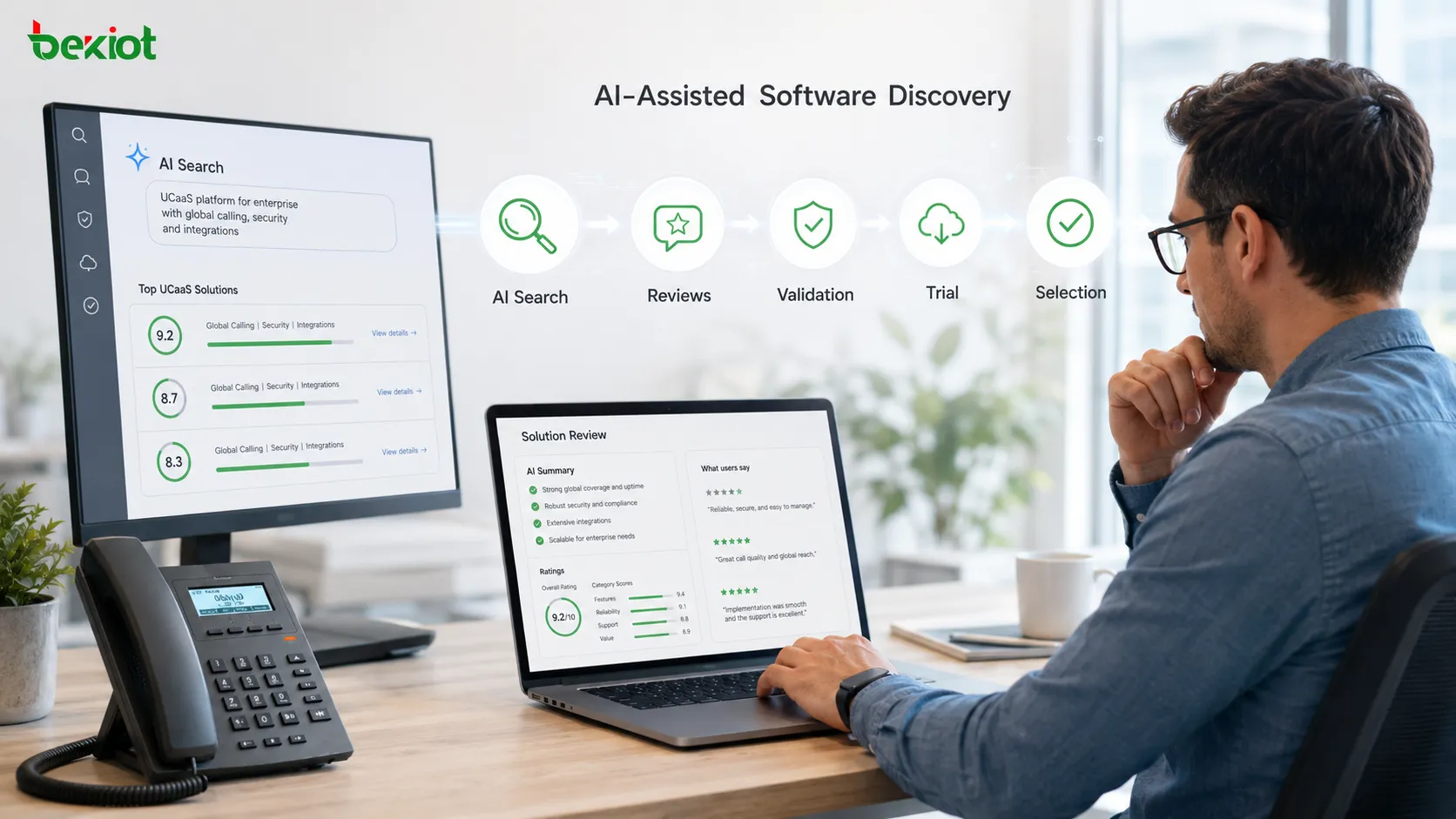 KI-gestützte UCaaS-Käuferreise von Softwareentdeckung und Drittanbieterbewertungen über technische Validierung und Test bis zur finalen Anbieterauswahl