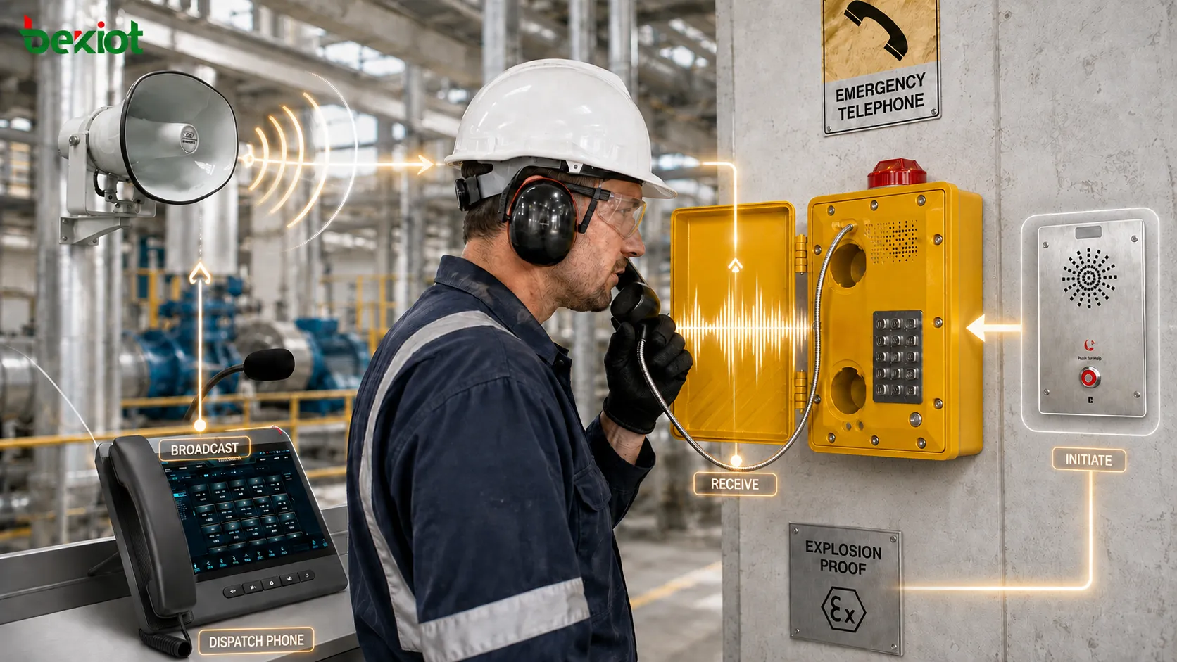 Prüfung von Hörerlautstärke, Mikrofonaufnahme und bidirektionaler Sprachverständlichkeit eines explosionsgeschützten Telefons in einer lauten Industrieumgebung