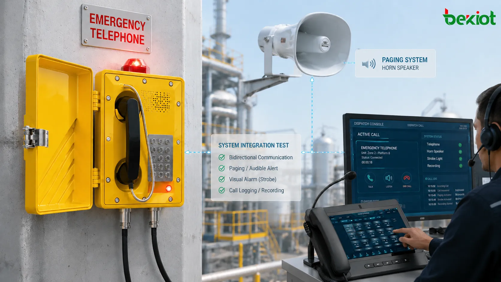 Notfall-Integrationstest eines explosionsgeschützten Telefons nach der Installation mit Dispatch, Aufzeichnung, akustisch-optischen Alarmen und Beschallungssystemen