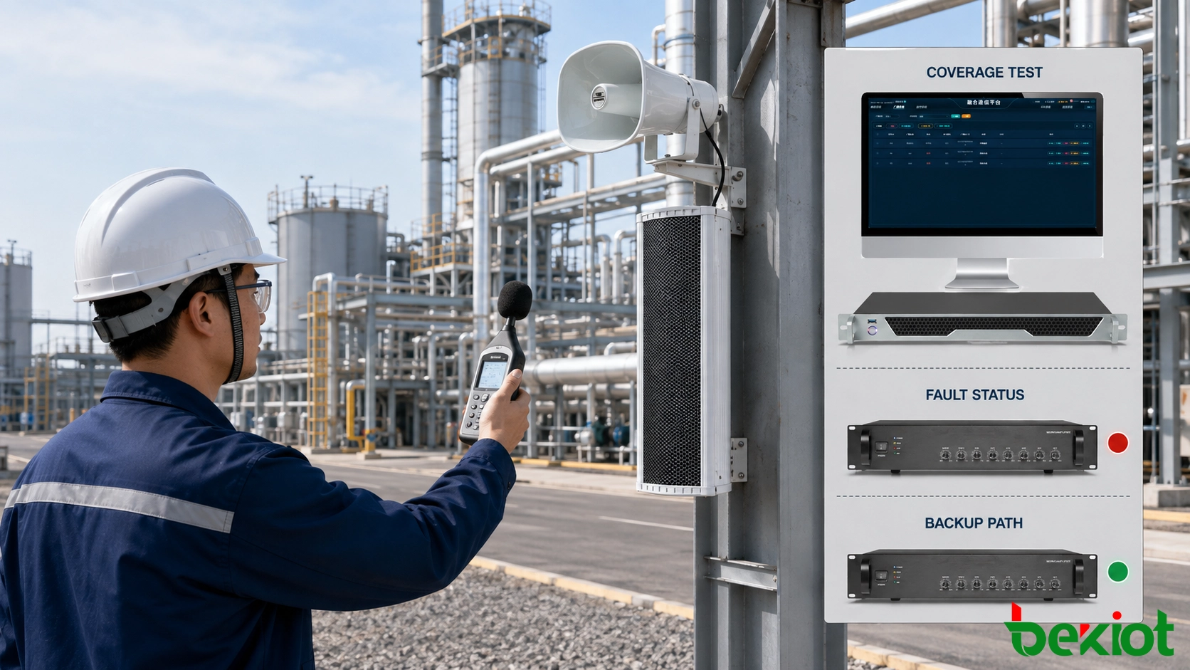 Techniker testet Notfall-Broadcast-Lautsprecherabdeckung, Verstärkerstatus, Netzwerkfehler und Backup-Betrieb an einem Industriestandort