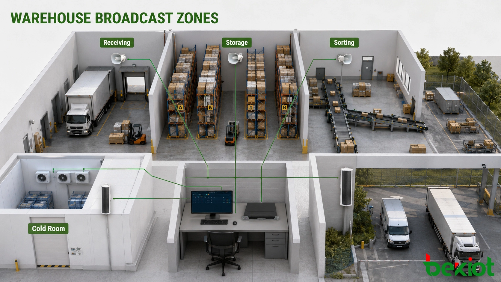 IP-Broadcast-System unterteilt ein Lager in Empfangs-, Verlade-, Lager-, Sortier-, Kühl- und Außenbereiche