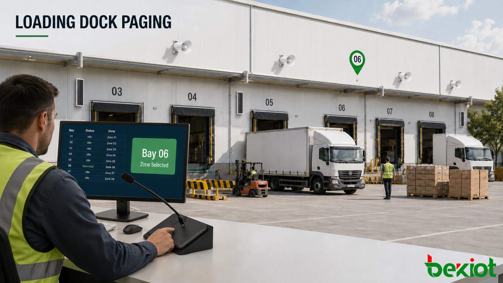 IP-Broadcast-System im Lager koordiniert LKW-Ankunft, Dockzuweisung und Live-Durchsage aus dem Kontrollraum