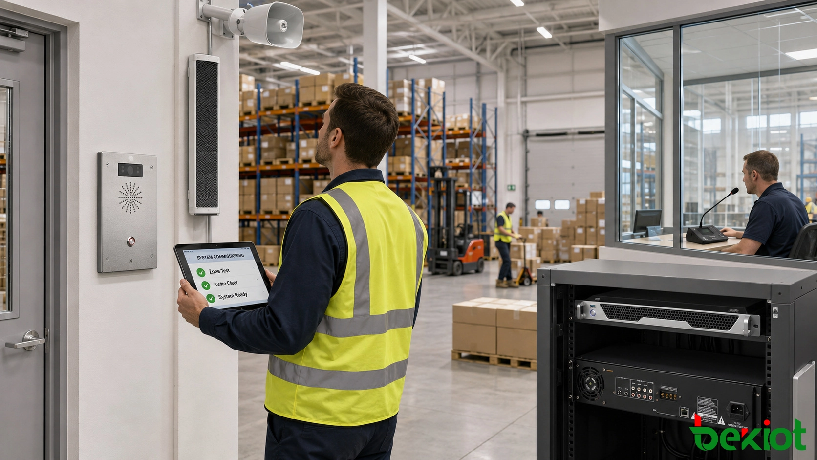 Techniker testet IP-Broadcast-Server, Durchsagekonsole, Verstärker, Hornlautsprecher, Säulenlautsprecher und Gegensprechanlage in einem Logistiklager