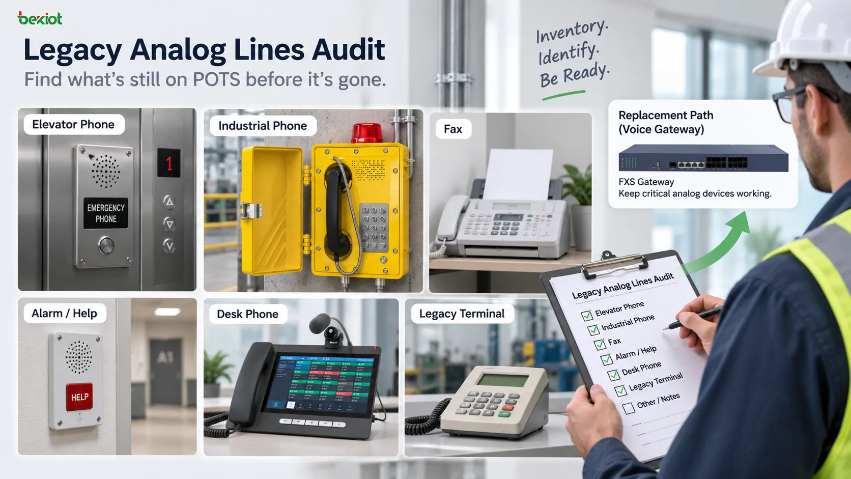 Inventar versteckter Analoganschluss-Abhängigkeiten vor dem POTS-Rückbau, darunter Aufzugstelefone, Brandalarme, medizinische Alarme, Faxgeräte und Industrietelefone