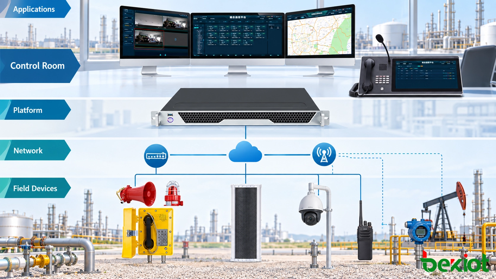 Fünfschichtige Architektur der einheitlichen Kommunikation für Öl und Gas, die Feldgeräte, Übertragungsnetze, Kommunikationsplattformen und Dispatch-Anwendungen verbindet