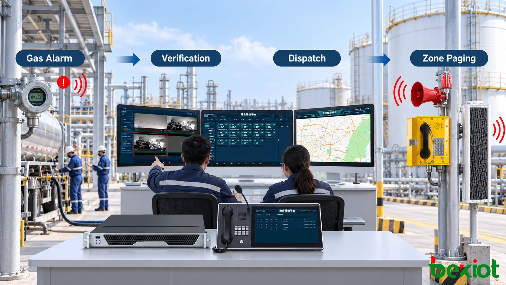 Öl- und Gas-Notfall-Workflow, der Gasalarm, Videoverifizierung, Dispatcher-Kommunikation und zonale Beschallung verbindet