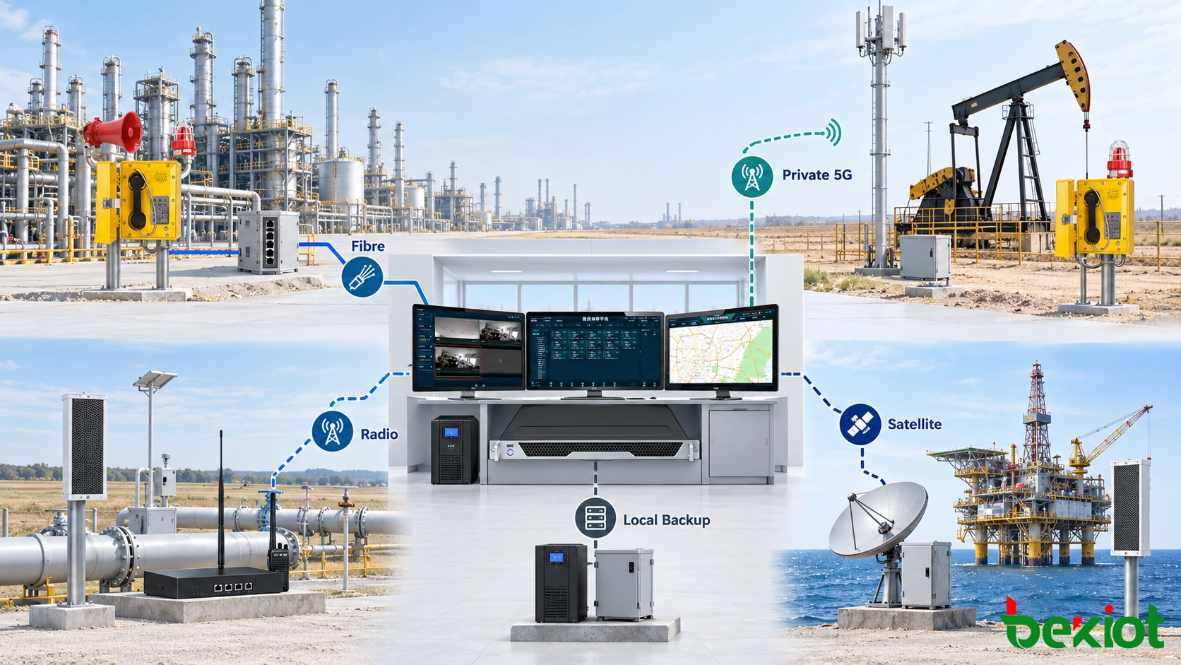 Ausfallsicheres Öl- und Gas-Kommunikationsnetz mit Glasfaser, privatem Mobilfunk, Funk, Satellit und lokalen Ausweichpfaden