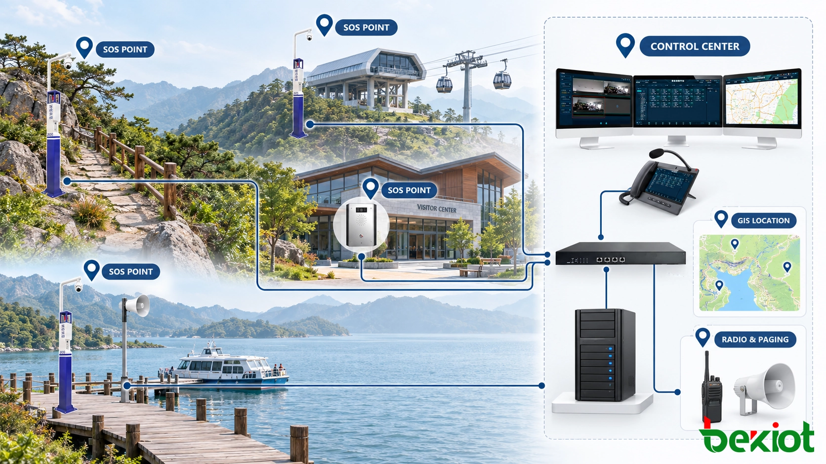 Notfallhilfesystem für Touristenattraktionen, das SOS-Terminals mit GIS-Karten, Videoüberwachung, Funkdispatch und Zonenansage verbindet