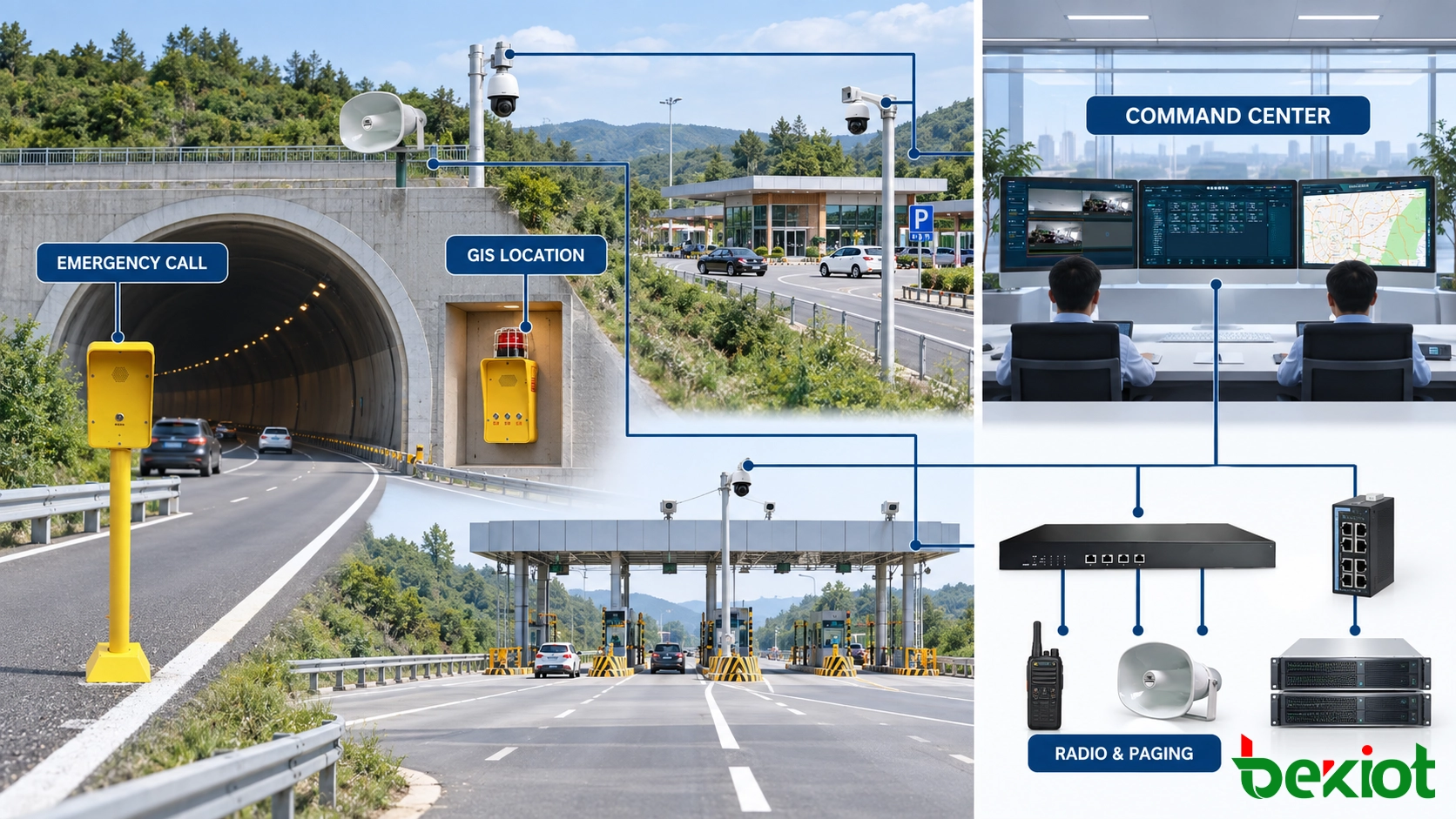 Architektur der Autobahn-Notfallführung, die Straßentelefone, Tunnel-SOS-Punkte, Funkdisposition, Videoüberwachung, GIS und Zonenansage verbindet