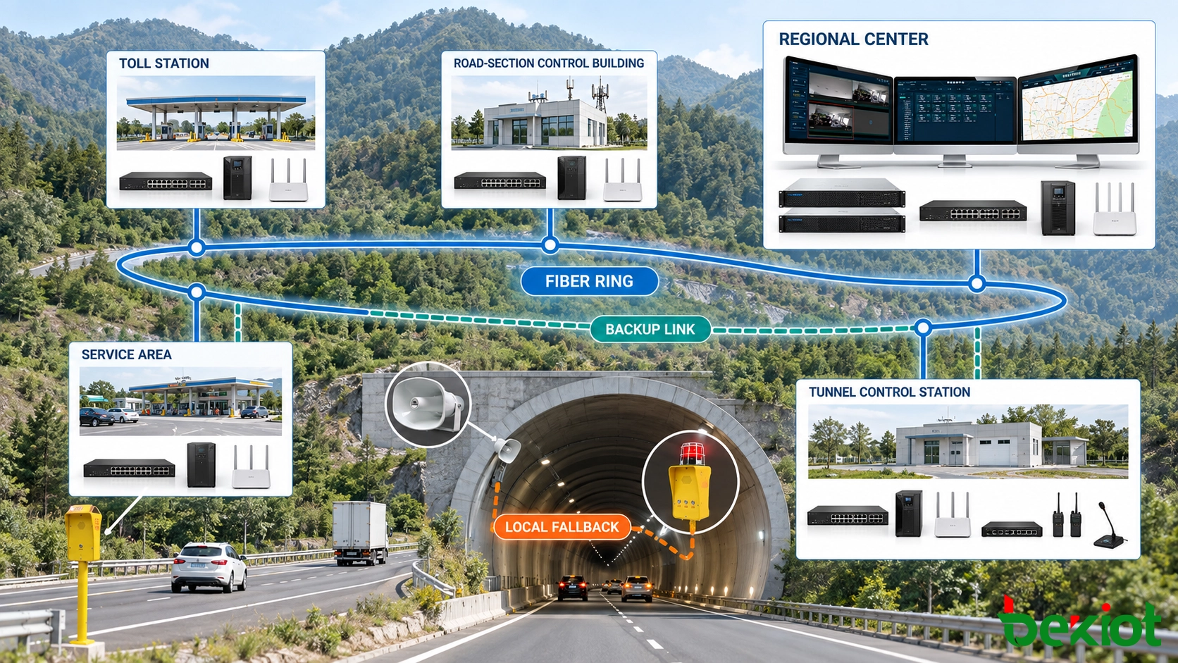 Resilientes Autobahn-Kommunikationsnetz, das entfernte Streckenabschnitte, Tunnel, Mautstellen und regionale Leitstellen verbindet