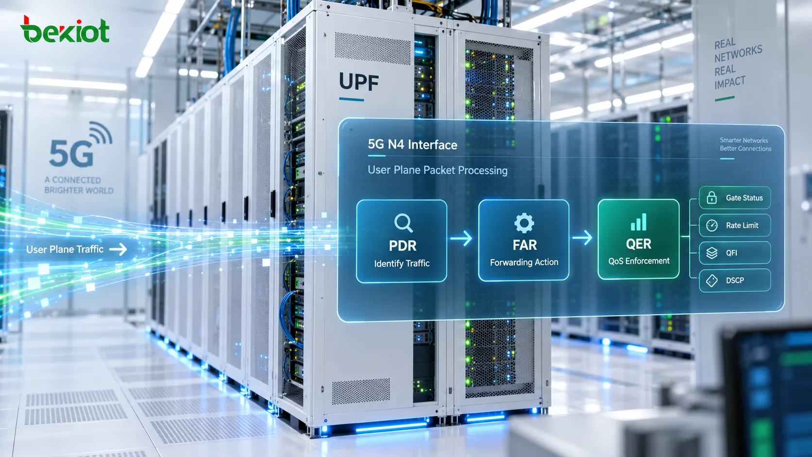 Paketverarbeitung an der N4-Schnittstelle: Die UPF nutzt eine PDR zur Verkehrsidentifikation, eine FAR zur Bestimmung der Weiterleitung und eine QER zur Durchsetzung von Gating, Ratenbegrenzungen und QoS-Richtlinien