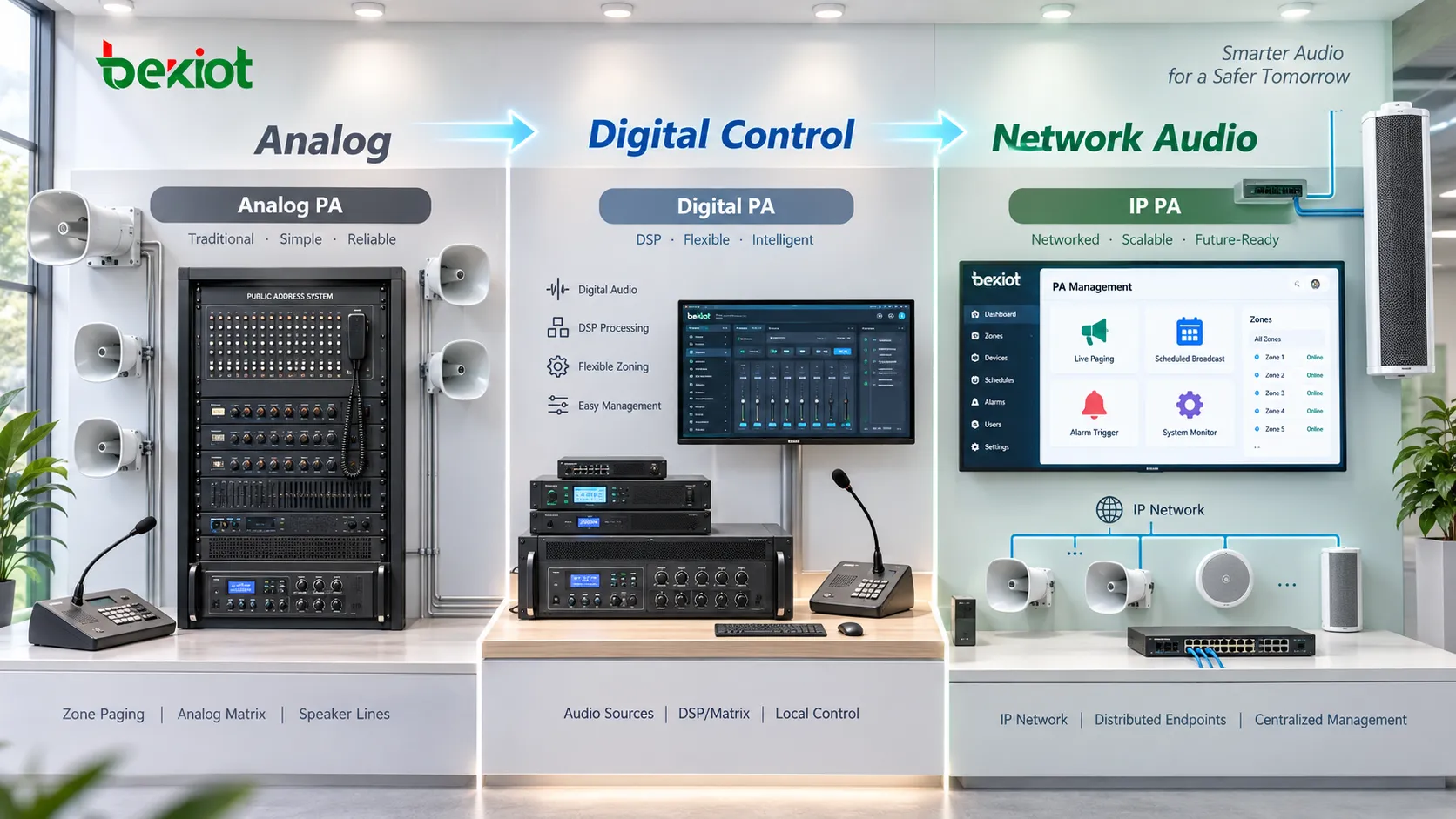 Vergleich der Beschallungsentwicklung von analogen Matrizen und zentralen 100-V-Verstärkern zu digitaler DSP-Steuerung, PA-Servern, Ethernet-Netzen und verteilten IP-Audioendpunkten