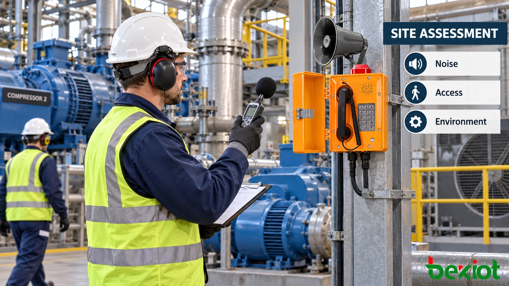 Ingenieur misst Umgebungsgeräusch und bewertet einen Industrie-Telefon-Installationspunkt