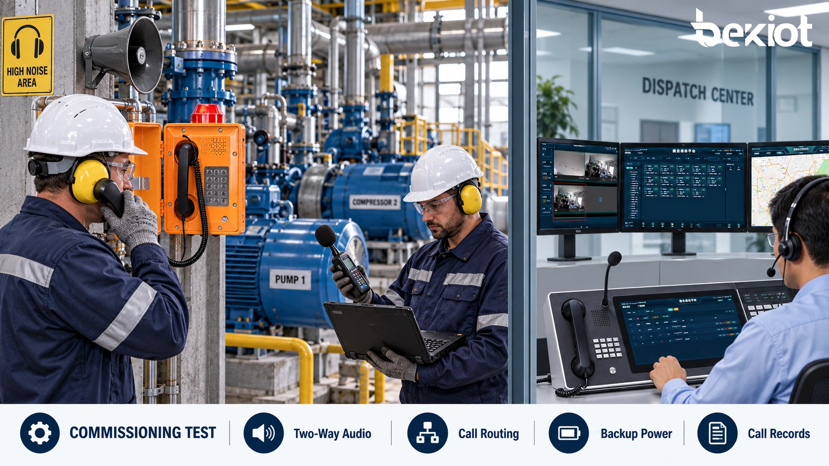 Techniker bei der Inbetriebnahme eines Industrie-Telefons während des Maschinenbetriebs