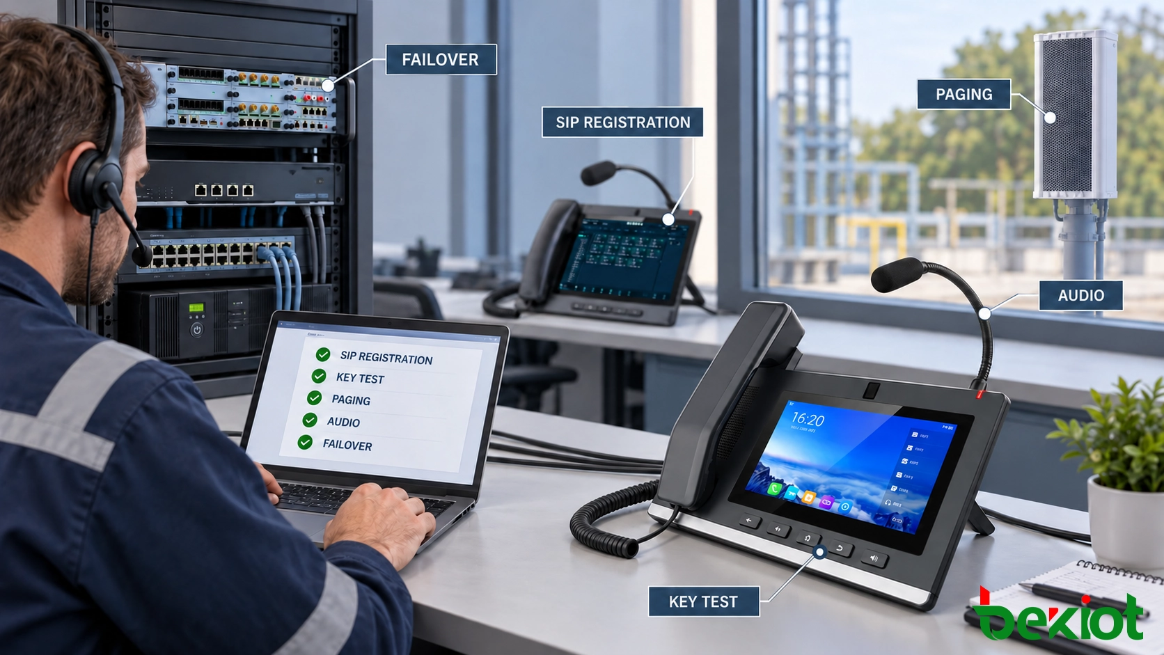Techniker testet SIP-Registrierung, programmierbare Tasten, Durchsagen und Audio an einem Einsatztelefon