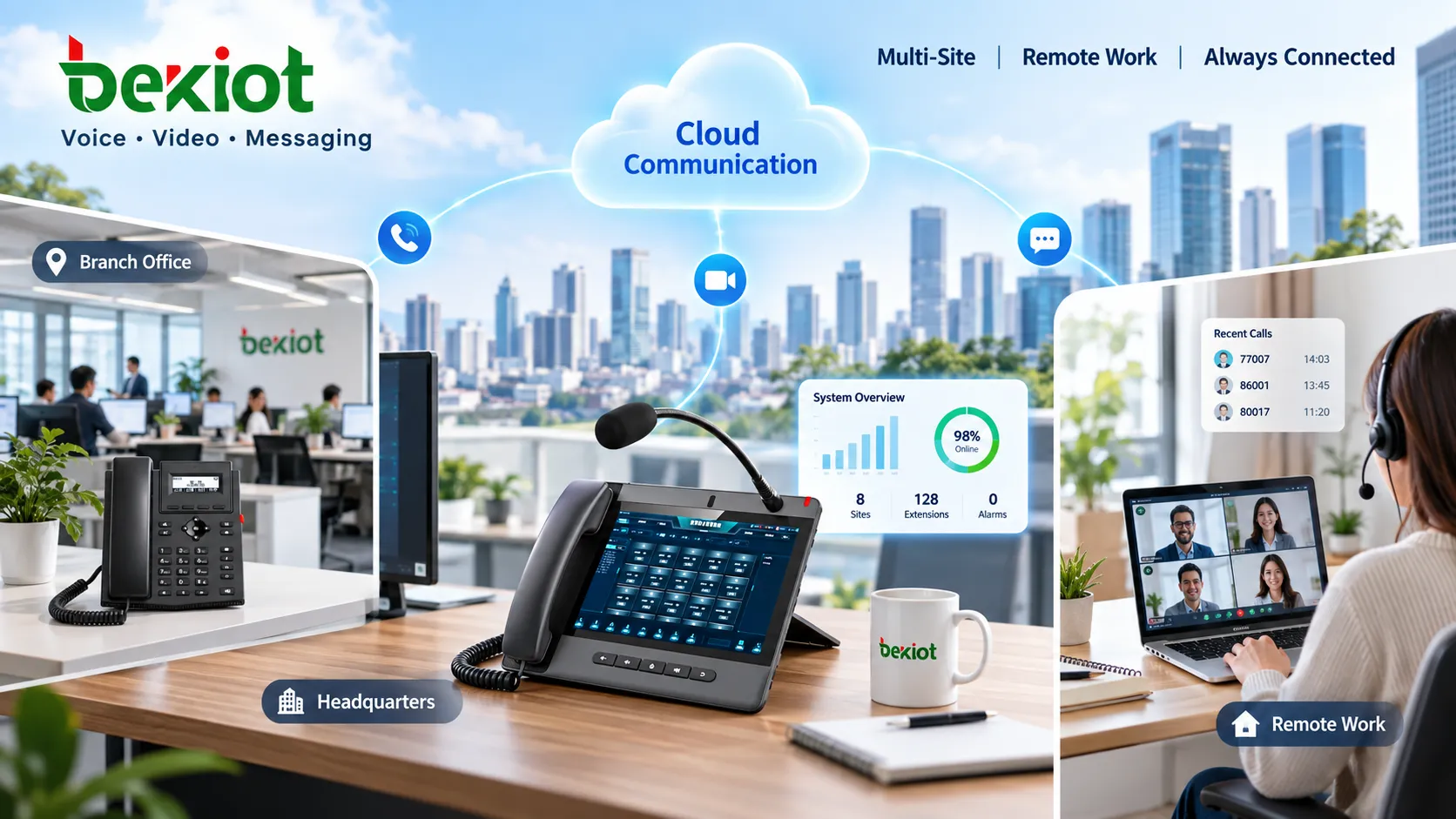 Geschäftskommunikation wandert von festen PSTN-Leitungen und Büro-Tischtelefonen zu einer VoIP-Plattform, die geschäftliche Rufnummern, SIP-Telefone, Computer und mobile Geräte zentral verwaltet