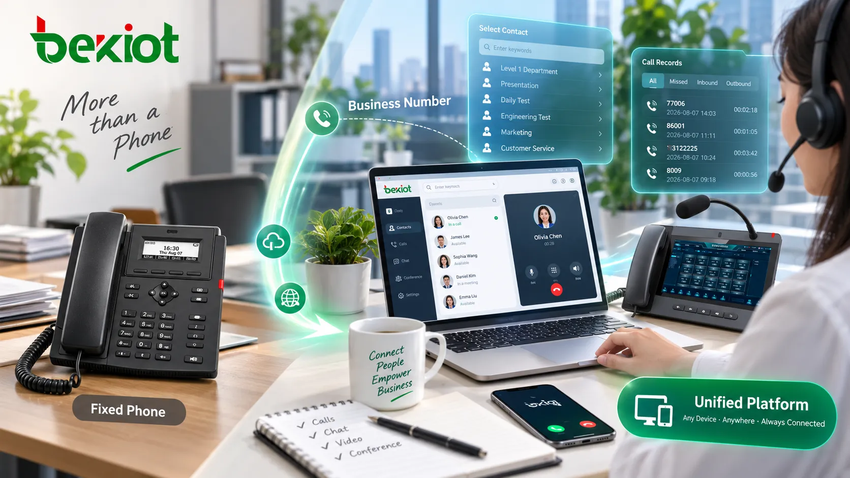 Eine geschäftliche Rufnummer wird auf SIP-Tischtelefon, Laptop und Mobiltelefon genutzt, während Sprachanrufe, Videokonferenzen und Messaging in einer einheitlichen VoIP-Plattform integriert sind