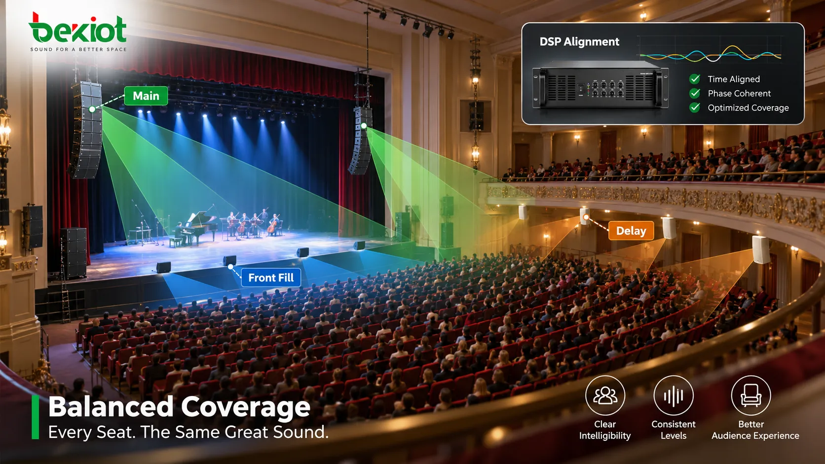 Theater-PA mit Haupt-Line-Arrays für die Hauptabdeckung, Frontfills für bühnennahe Sitzplätze und Delay-Lautsprechern unter dem Balkon zur Erzeugung eines kontinuierlichen und gleichmäßigeren Schallfelds