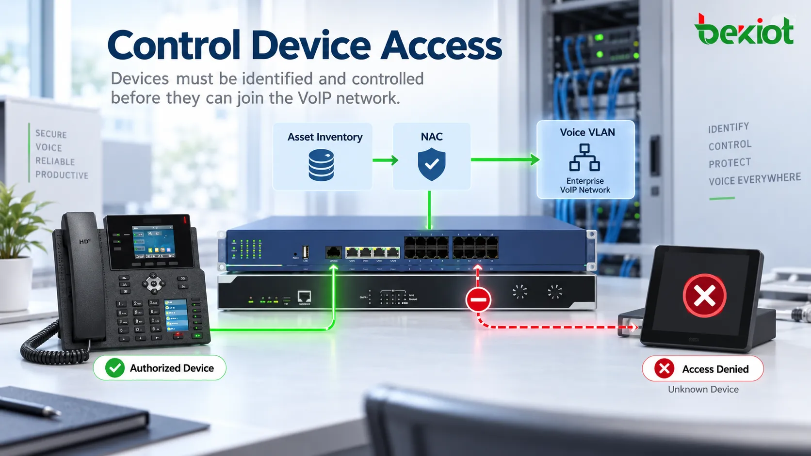 Unternehmens-Sprachnetz mit Geräteinventar, Voice-VLAN, NAC und Switch-Port-Kontrollen, um nicht autorisierte IP-Telefone, ATAs und VoIP-Gateways vom Netzwerk fernzuhalten