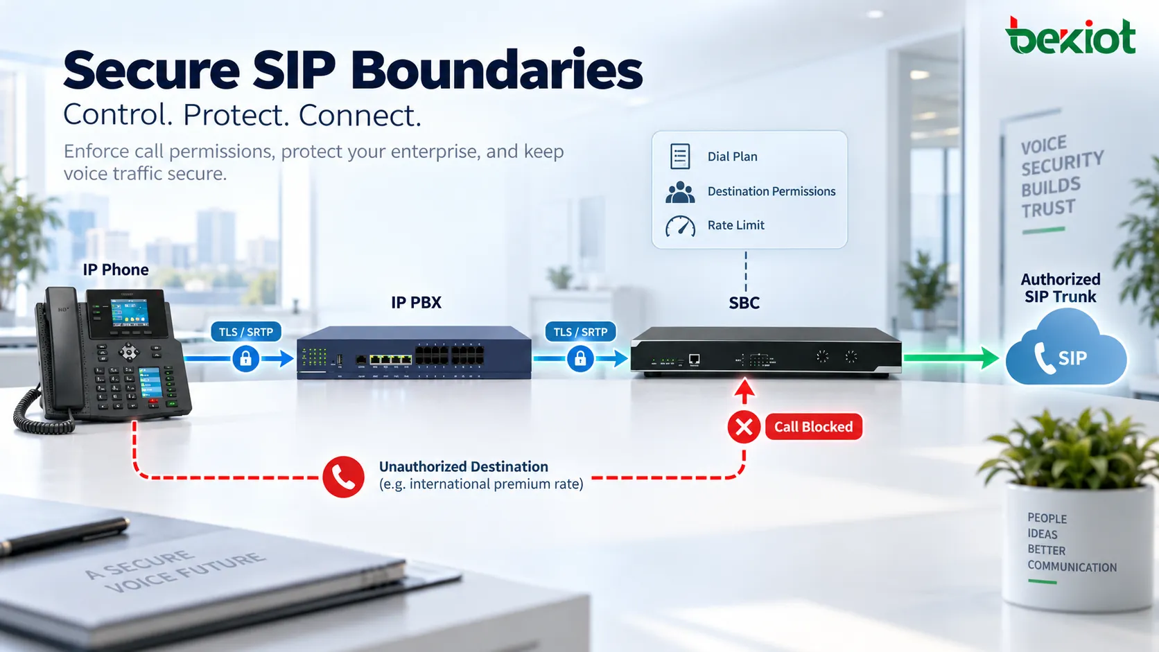 VoIP-Sicherheit im Unternehmen mit SBC-Kontrollen, Wählplänen, Zielberechtigungen, SIP-Trunk-Routing und Anruflimits zur Beschränkung externen Sprachverkehrs und zur Verringerung des Gebührenbetrugsrisikos