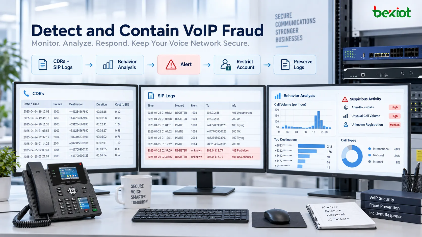 VoIP-Sicherheitsplattform mit CDRs, SIP-Protokollen, Verhaltensanalyse und Anomaliealarmen zur Erkennung risikoreicher Anrufe und Eindämmung von Vorfällen durch Kontobeschränkungen, forensische Protokollierung und Reaktionsverfahren