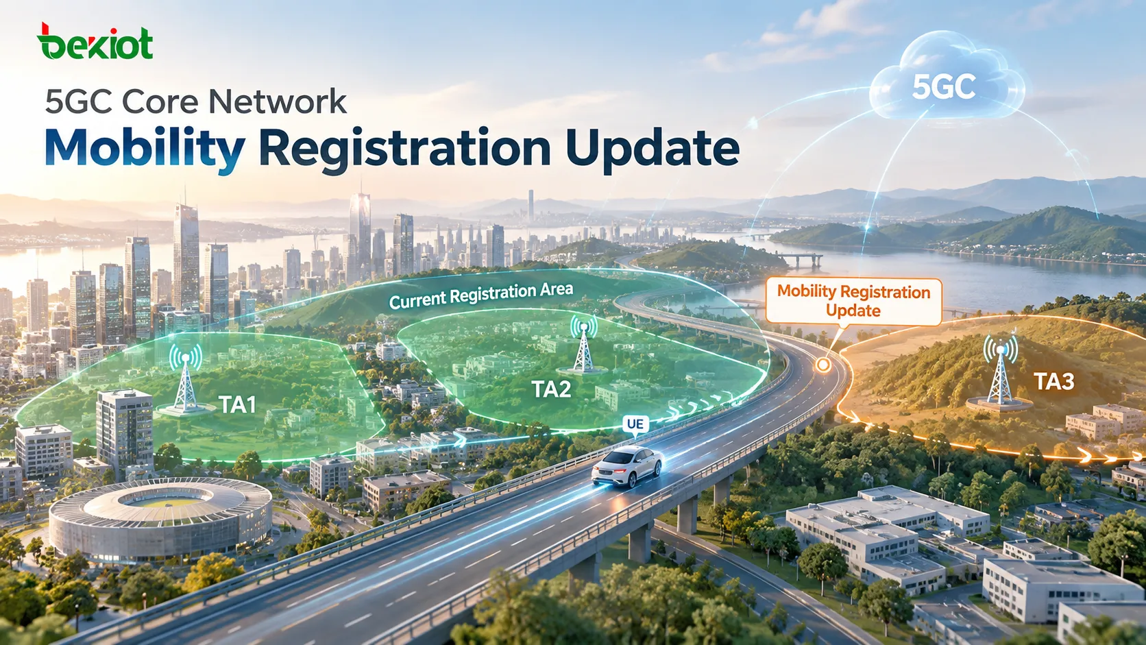 Beim 5GC Mobility Registration Update löst das UE ein Update aus, wenn es sich von einer TA innerhalb seiner aktuellen Registration Area in eine neue TA außerhalb dieses Bereichs bewegt; normale Zellwechsel oder TA-Wechsel innerhalb der Registration Area erfordern keine erneute Registrierung