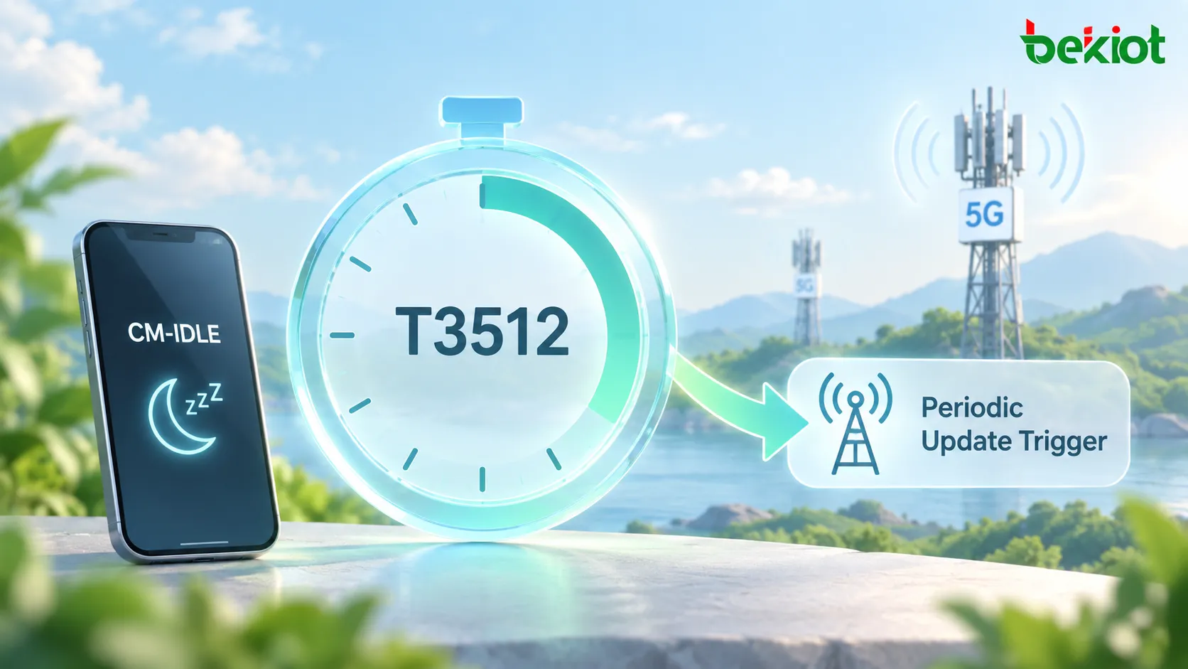 Beim 5GC Periodic Registration Update wechselt das UE nach der Registrierung in CM-IDLE, T3512 läuft und nach Ablauf des Timers stellt das UE die Signalisierung wieder her und startet ein Periodic Registration Update