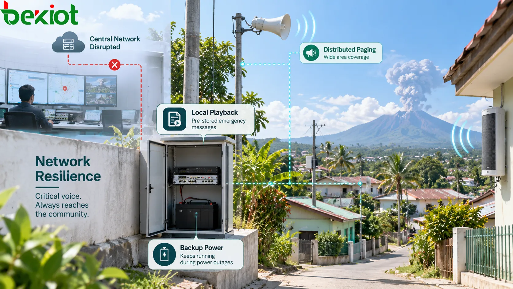 Notfall-PA-System für Vulkan- und Naturkatastrophengebiete mit verteilten Beschallungsknoten, lokal gespeicherten Notfallmeldungen, Notstrom und redundanten Netzwerkwegen zur Aufrechterhaltung kritischer Durchsagen bei Ausfall des zentralen Netzes