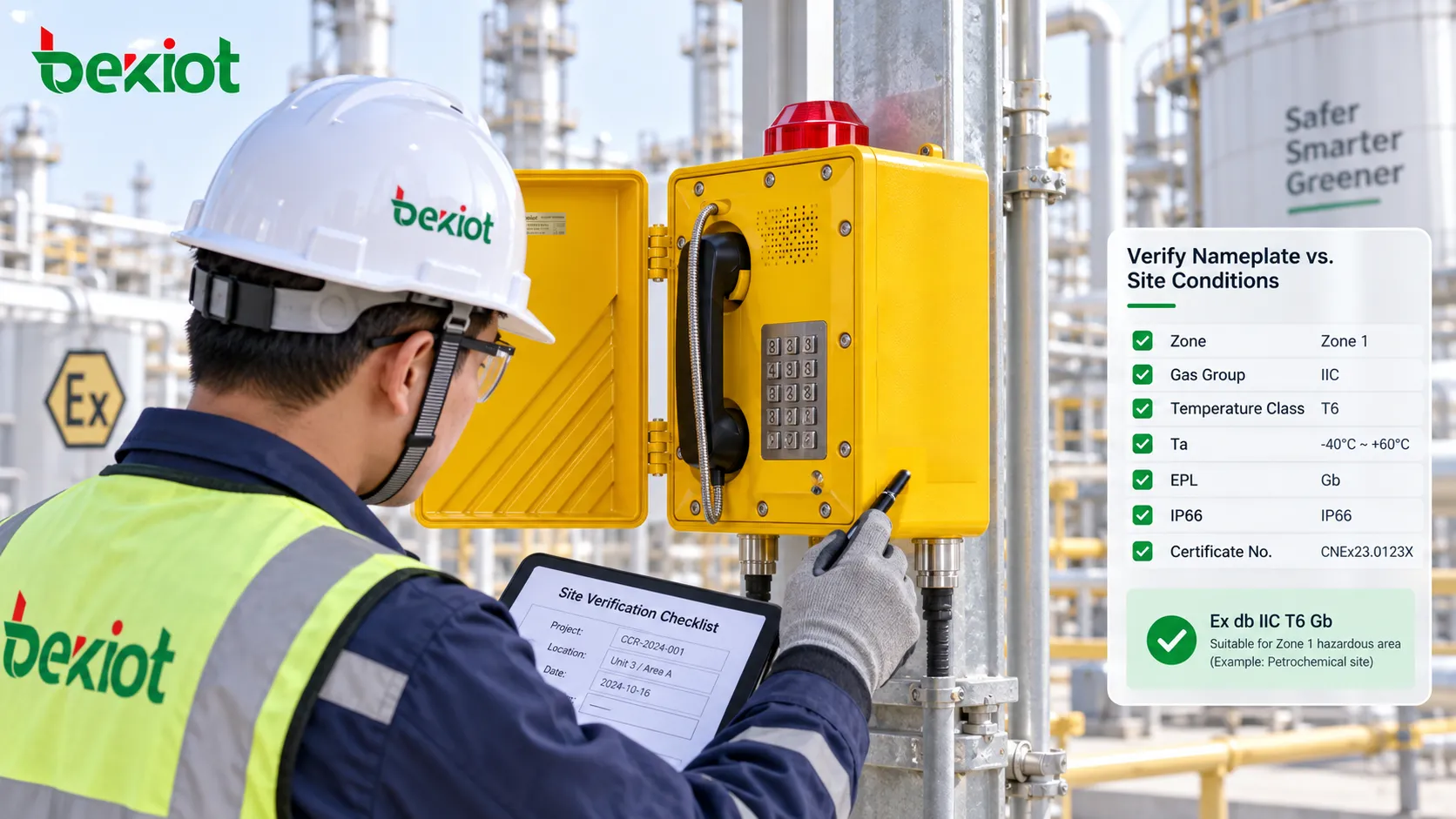 Ingenieur im explosionsgefährdeten Bereich prüft das Typenschild eines explosionsgeschützten Telefons anhand von Zone, Gasgruppe, Temperaturklasse, Umgebungstemperatur, EPL und Zertifikatsnummer statt nur IIC T6 oder IP66 zu kontrollieren