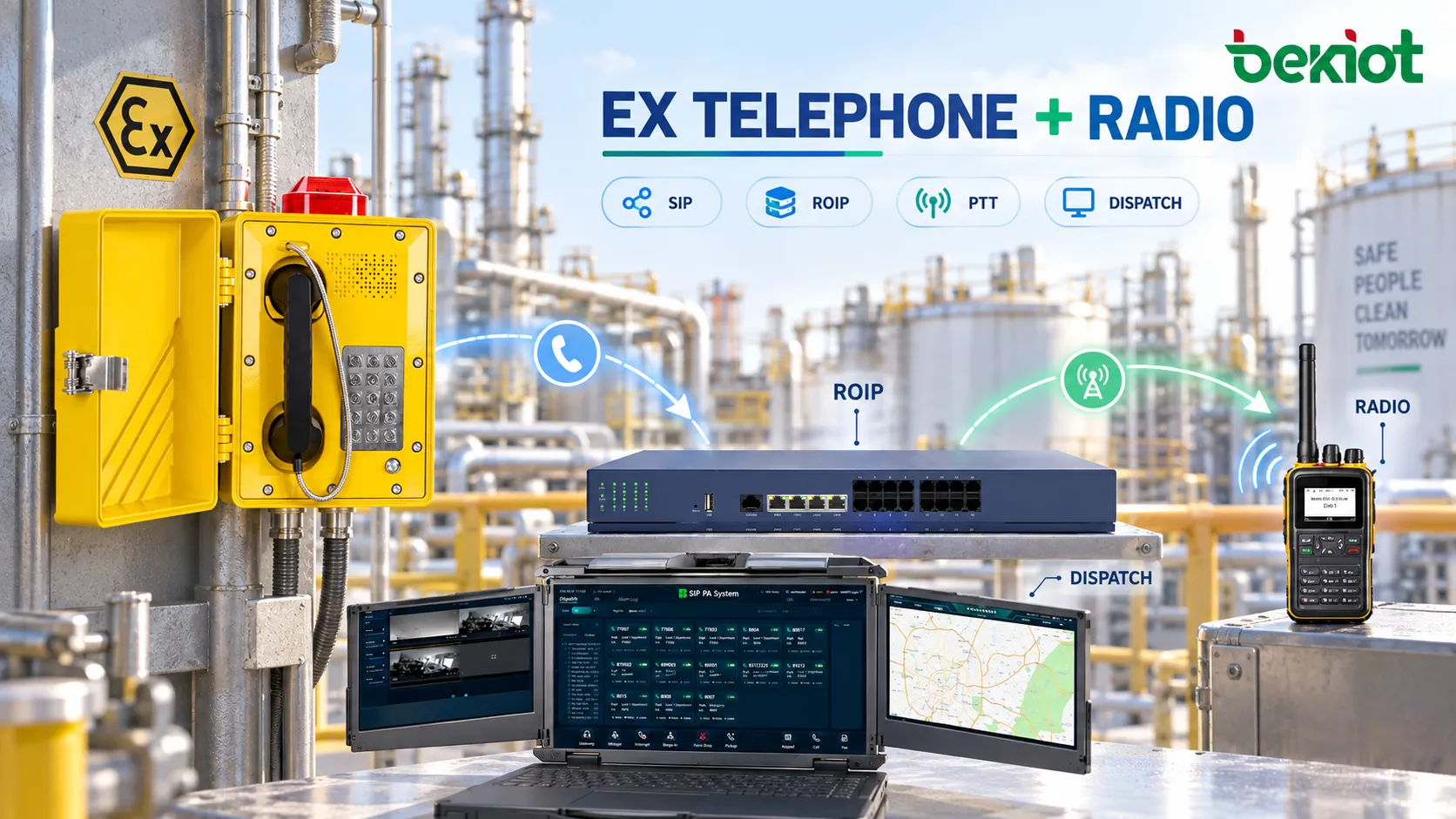 Inbetriebnahme eines explosionsgeschützten Telefons und eines RoIP-Funkleitstellensystems mit Prüfung von Telefon-zu-Funk-Anrufen, Funk-Rückaudio, PTT-Timing, Belegtstatus des Funkkanals, beidseitiger Aufzeichnung, Netzwerk-Ausfallumschaltung und Sprachqualität unter lauten Feldbedingungen
