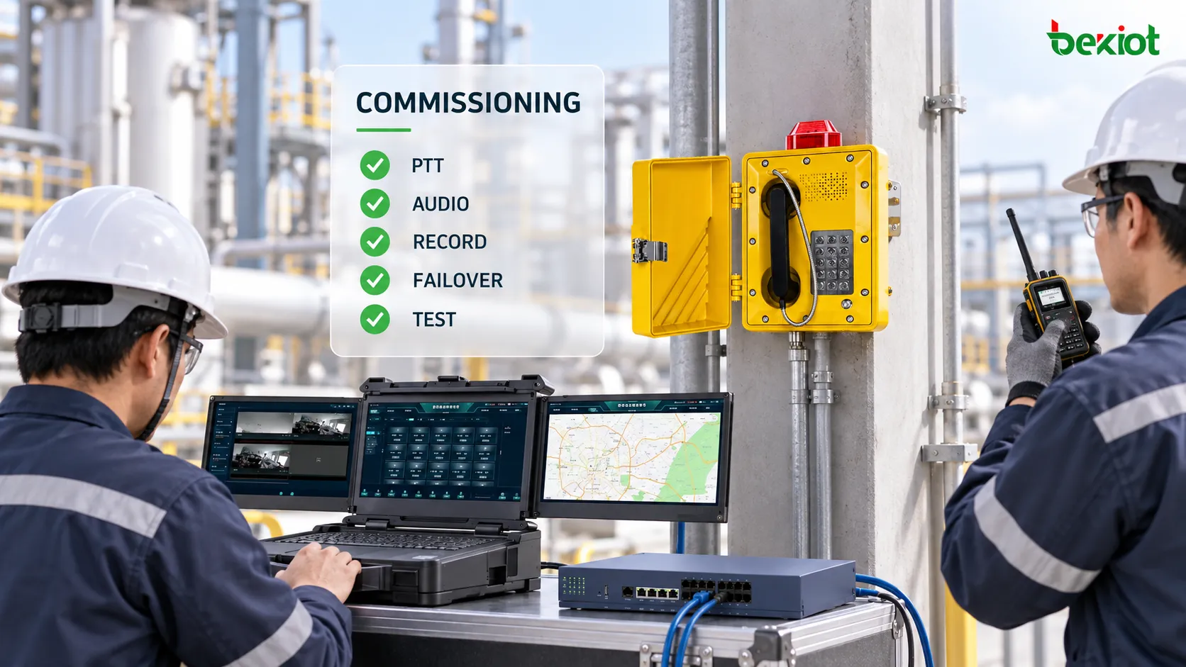 Bestandsanlage mit analogen explosionsgeschützten Telefonen und älteren Funkgeräten, die über ein FXS-Voice-Gateway und ein RoIP-Gateway in eine einheitliche SIP-Leitstellenplattform integriert werden