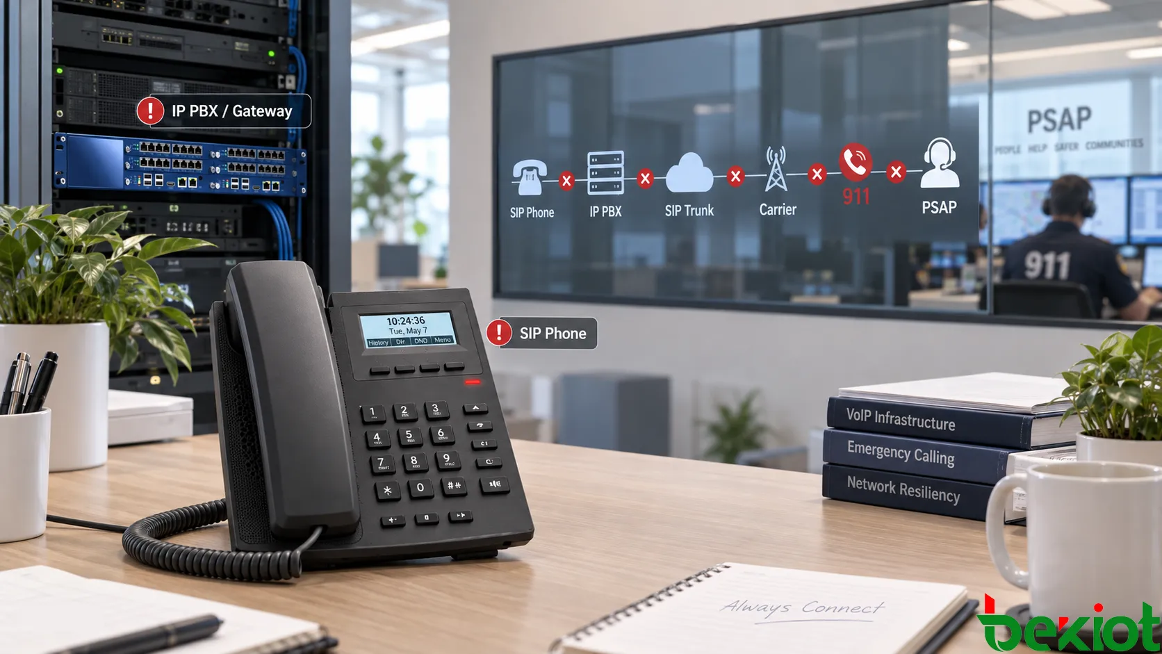 Ende-zu-Ende-Pfad eines VoIP-Notrufs vom SIP-Telefon über Unternehmensnetz, IP-PBX und SIP-Trunk sowie Netzbetreiber und 911-Routing bis zu einer PSAP, mit getrennten Fehlerdomänen für lokales Netz, Netzbetreiber und Notrufdienste