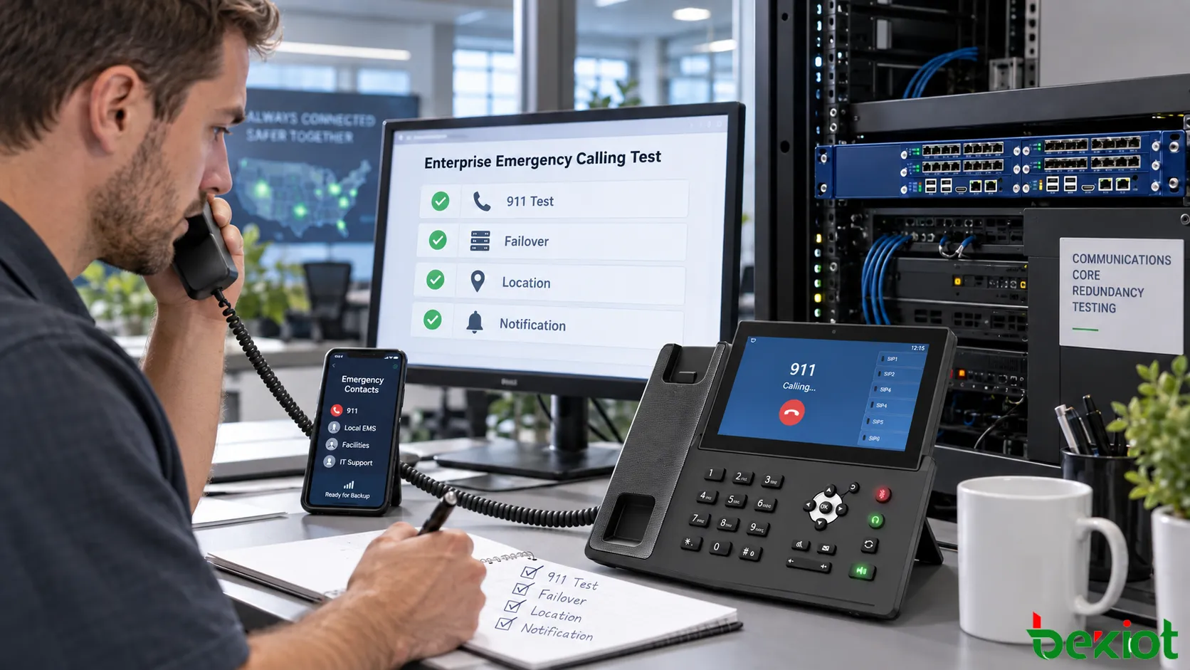 Abnahmetest für VoIP-Notrufe in Unternehmen mit Prüfung von Notrufstandort, 911-Routing, alternativen Netzbetreibern, redundantem WAN, Umschaltung des SIP-Servers, alternativen Notfallnummern und interner Sicherheitsbenachrichtigung