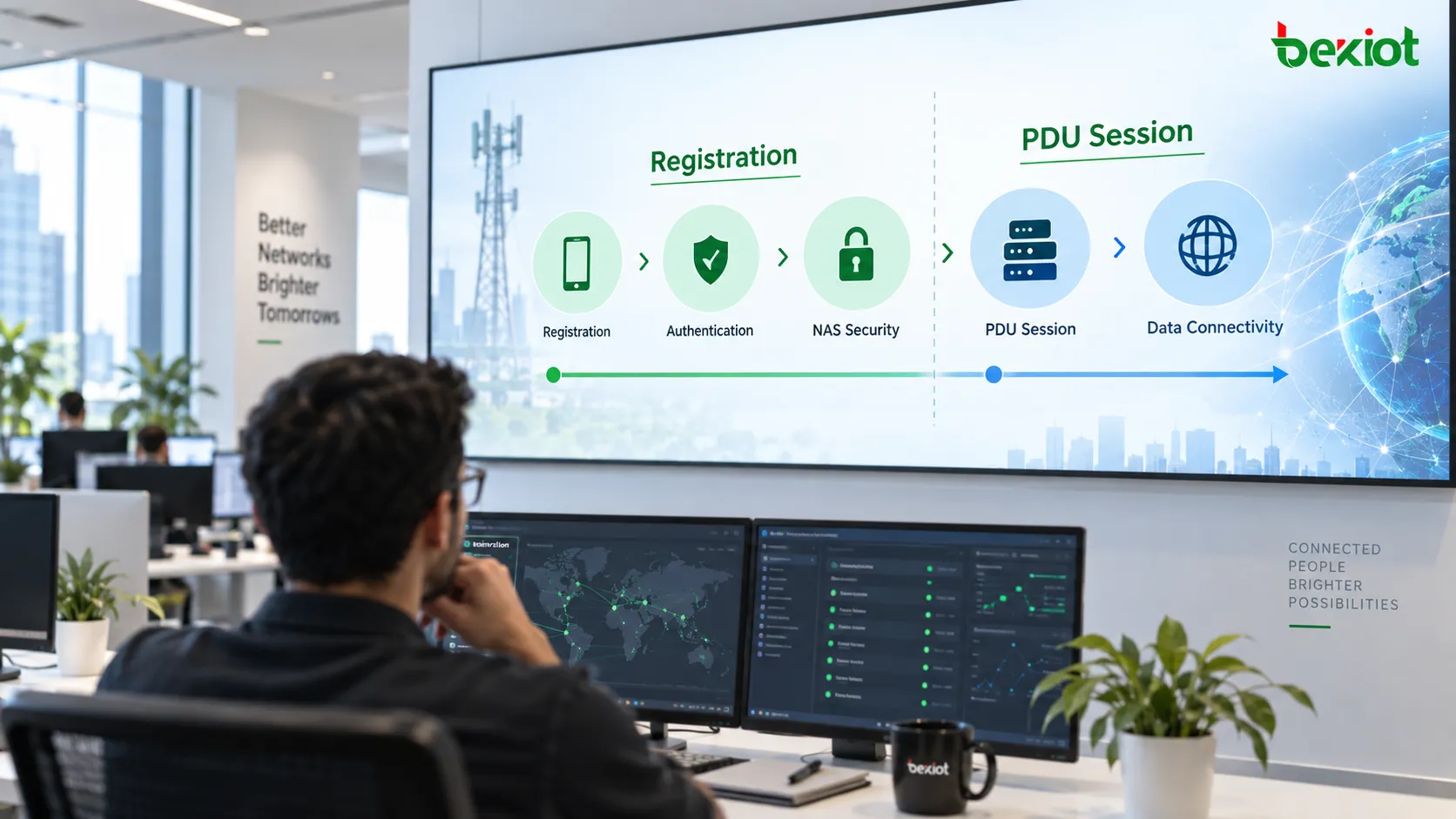 Funktionale Trennung zwischen 5GC-Registrierung und PDU-Session-Aufbau: Das UE führt zunächst Identitätsprüfung, Authentisierung und Registrierung über das AMF durch und baut anschließend über SMF und UPF eine User-Data-Session zum Datennetz auf