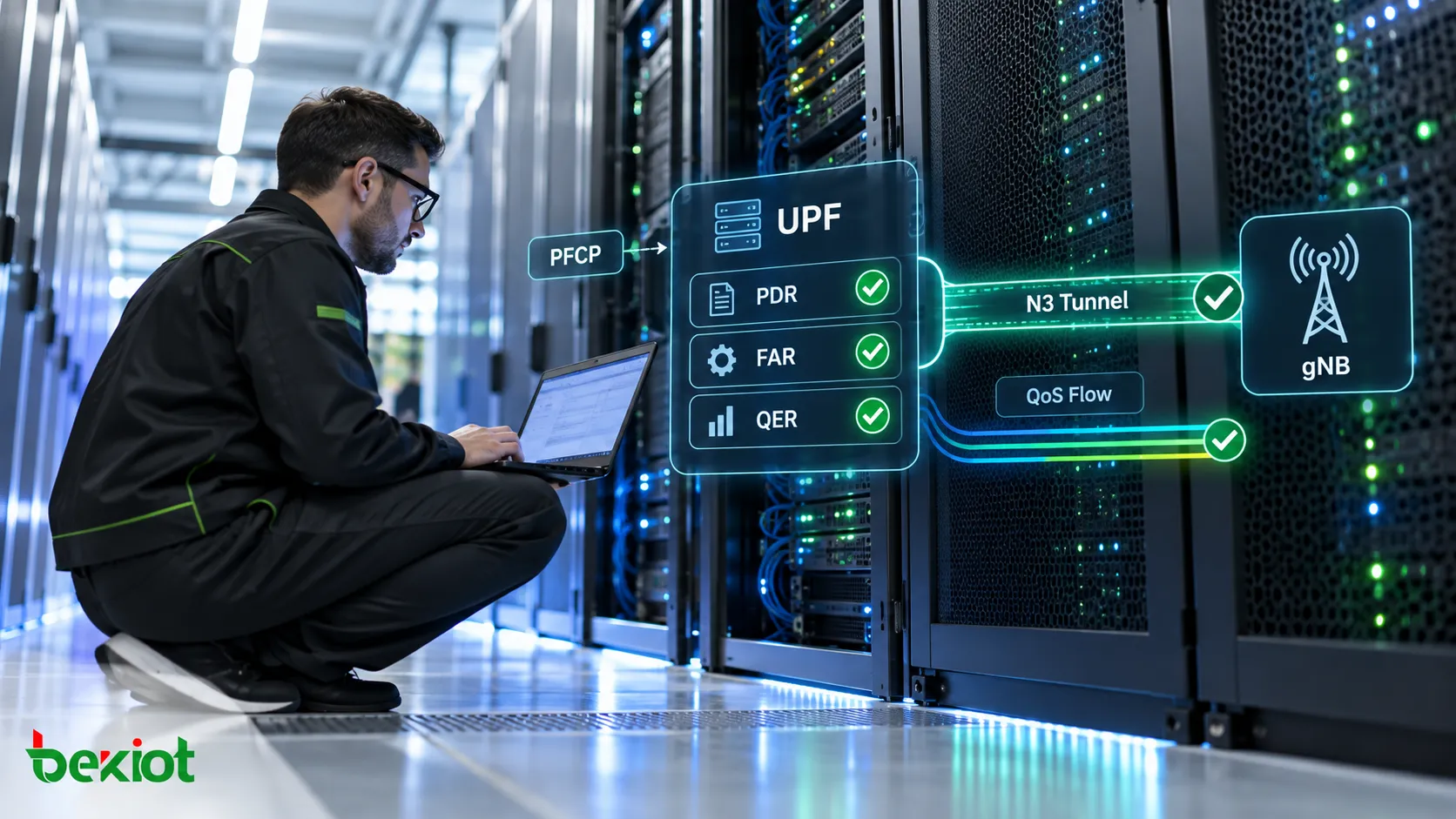 5GC PDU Session Establishment: Das SMF erstellt über N4 eine PFCP Session im UPF, nutzt N1- und N2-Signalisierung zum Aufbau der QoS Flows und des N3-Tunnels am gNB und aktualisiert das UPF anschließend über PFCP Session Modification mit der gNB-Adresse und dem TEID