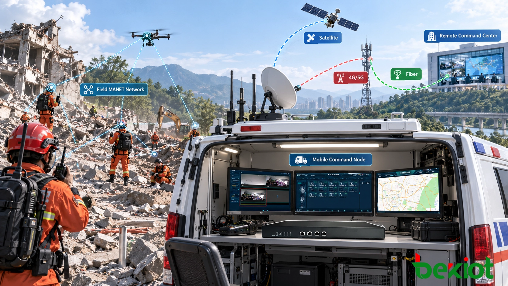 Ein MANET-Feldnetzwerk verbindet Handfunkgeräte, Fahrzeuge, Kameras und UAVs mit einem mobilen Führungsknoten, während ein separater 4G-, 5G- oder Satelliten-Backhaul das Feldnetzwerk mit einer entfernten Leitstelle verbindet