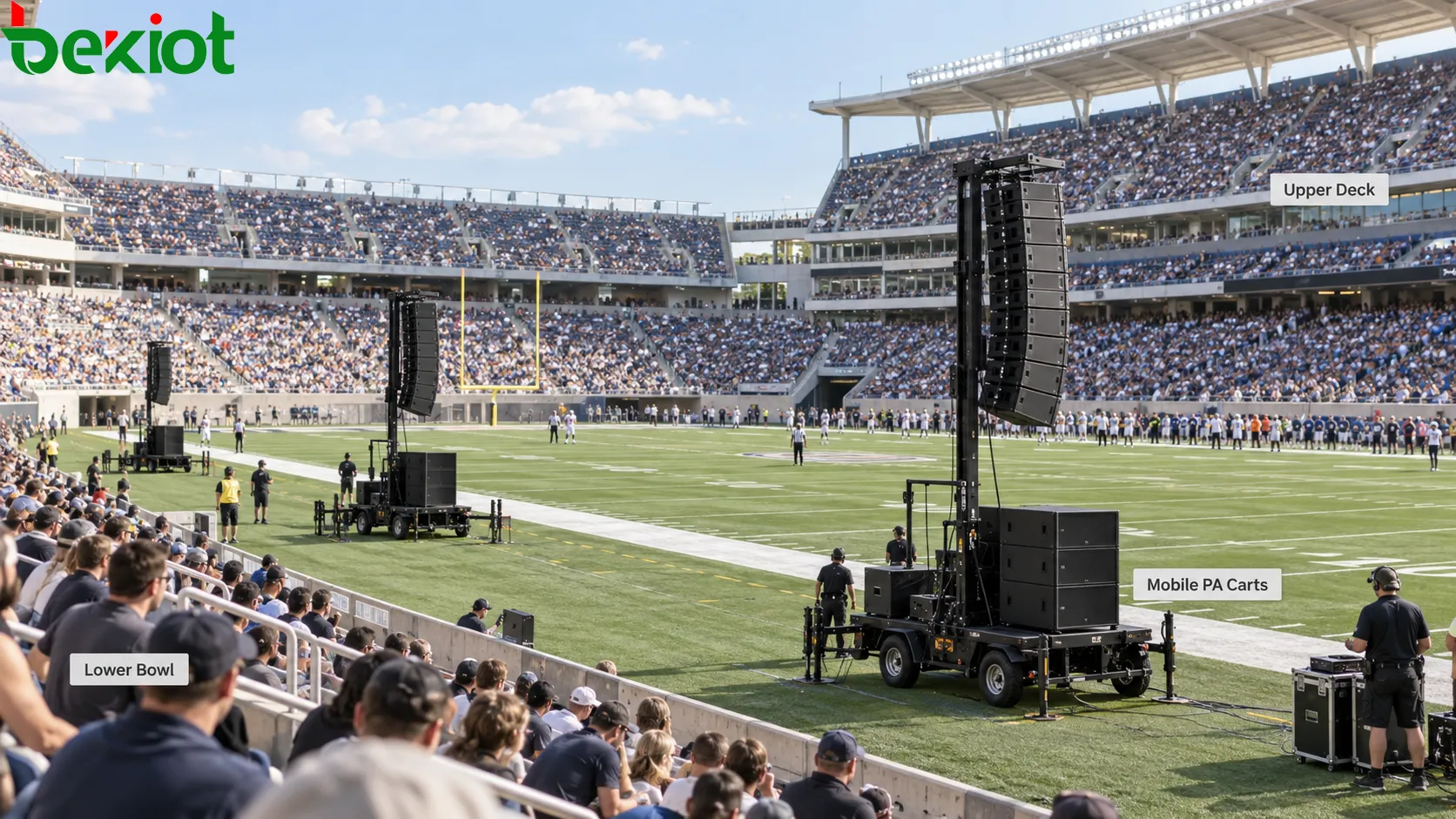 Temporäre Super-Bowl-Stadion-PA mit mobilen Lautsprecherwagen, Line Arrays und Subwoofern rund um ein Open-Air-Spielfeld zur Beschallung der unteren und oberen Ränge